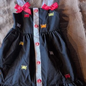 Navy Dress with Colorful Crab Embroidery and Red Bows